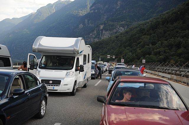 Traffic jam at the entry to the St. Gottard tunnel